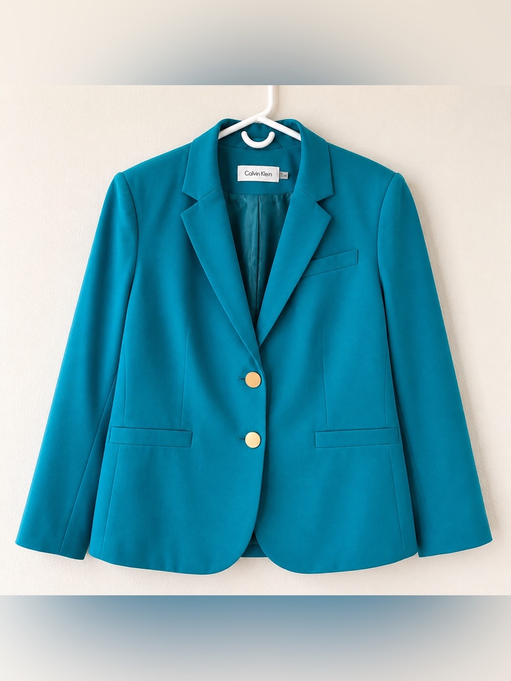 Calvin Klein Teal Blue Stretch Blazer Jacket Gold Buttons Size 16W